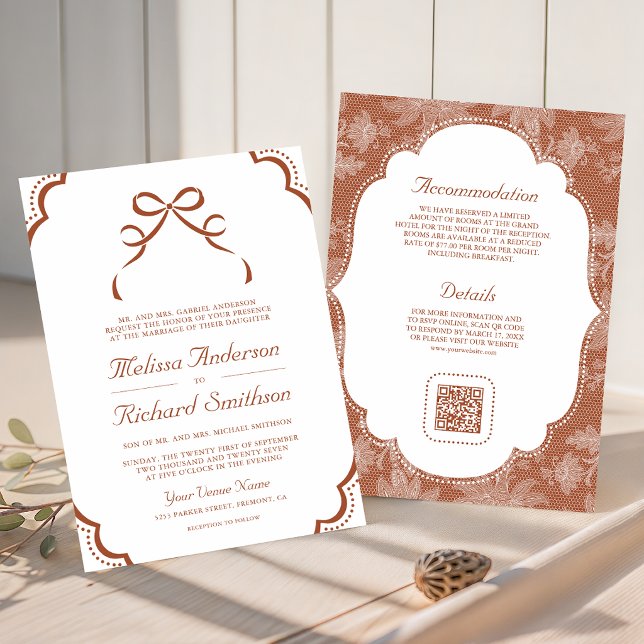 Terracotta White Lace Coquette Bow QR Code Wedding Invitation (Creator Uploaded)