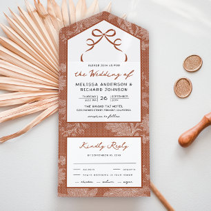 Terracotta White Lace Coquette Bow Wedding All In One Invitation