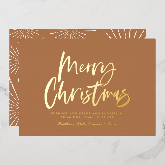  terracotta white script merry Christmas non photo Foil Holiday Card (Front/Back)