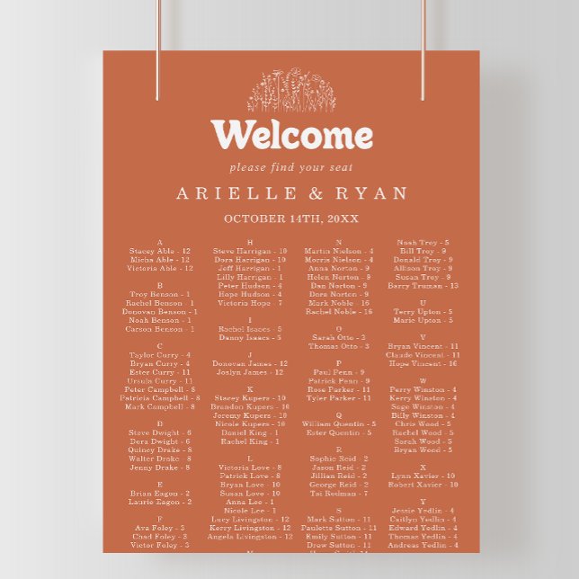 Terracotta Wildflower Alphabetical Seating Chart (Creator Uploaded)