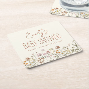 Terracotta Wildflower Boho Baby Shower In Bloom Square Paper Coaster
