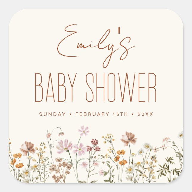 Terracotta Wildflower Boho Baby Shower In Bloom Square Sticker (Front)