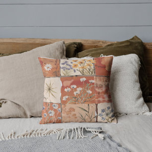 Terracotta Wildflower Boho Patchwork Rustic Spring Throw Pillow
