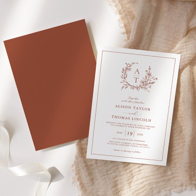 Terracotta  Wildflower Crest Monogram Wedding Invitation (Creator Uploaded)