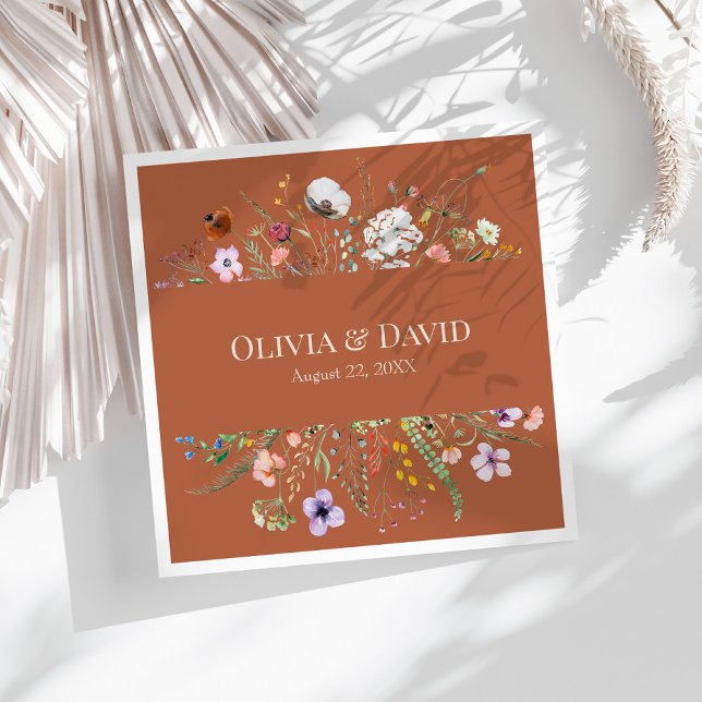 Terracotta Wildflower Meadow Wedding Napkins (Terracotta Wildflower Meadow Wedding Napkins on a sunny white table.)