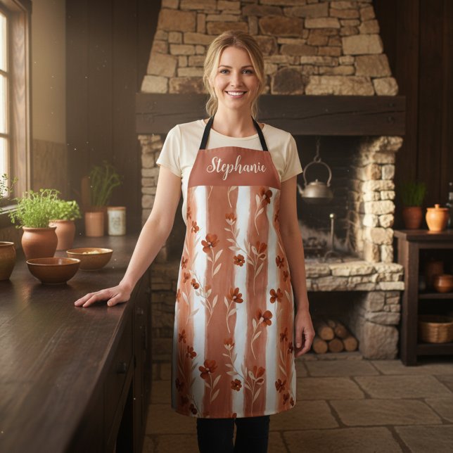 Terracotta Wildflower Mongram Name  Boho Pattern Apron (Creator Uploaded)