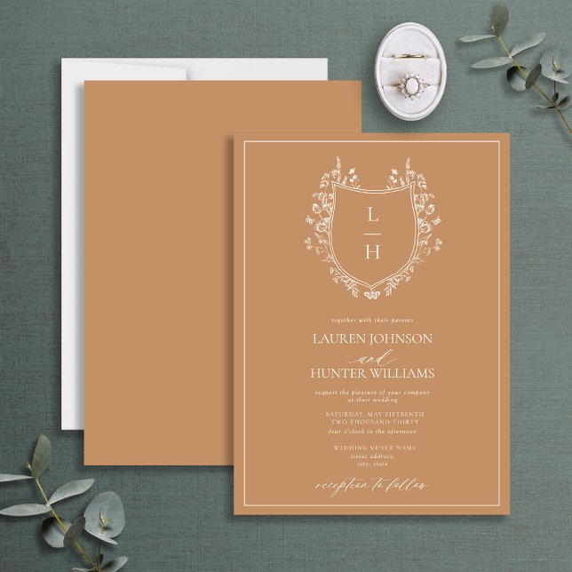 Terracotta Wildflower Monogram Crest Wedding Invitation (Creator Uploaded)