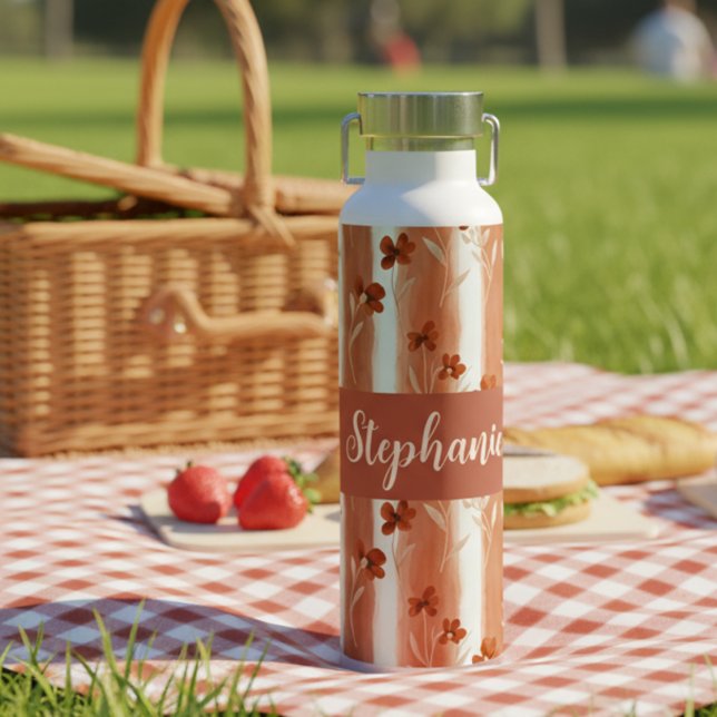 Terracotta Wildflower Monogram Name Boho  Water Bottle (Creator Uploaded)