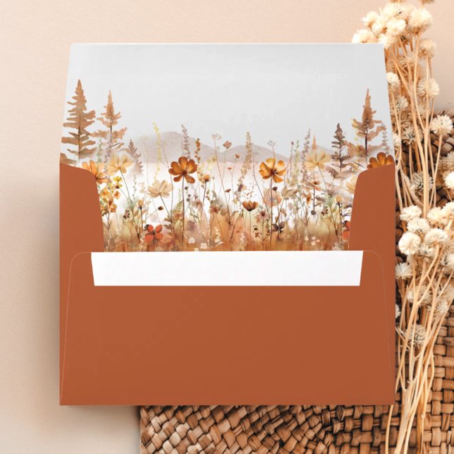 Terracotta Wildflower Mountain Liner & Addressed  Envelope (Terracotta wildflower wedding envelope liner with mountain watercolor florals, printed envelope)