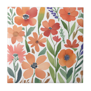 Terracotta Wildflower Rustic Boho Wall Accent  Tile