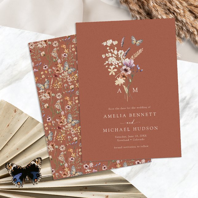 Terracotta Wildflower Save The Date (Terracotta Wildflower Save The Date Monogram Butterfly by Painted Paperie
)