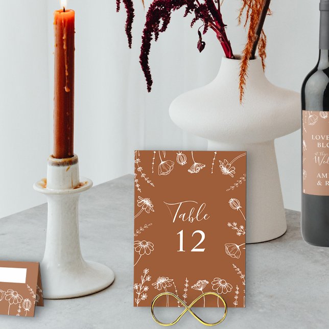 Terracotta Wildflower Sketch Framed Editable Table Number (Wedding Table Number in Terracotta Burnt Orange, from my Wildflower Sketch collection)