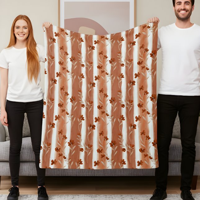 Terracotta Wildflower Vertical Stripe Boho Pattern Fleece Blanket (Creator Uploaded)