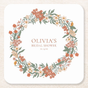 Terracotta Wildflower Wreath Sage Bridal Shower Square Paper Coaster