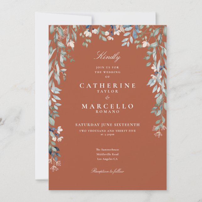 Terracotta Wildflowers Floral QR Code Wedding Invitation (Front)