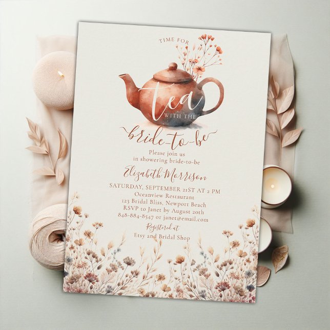Terracotta Wildflowers Modern Bridal Tea Shower Invitation (terracotta floral bridal shower tea invitation wildflowers watercolor pattern elegant modern simple )