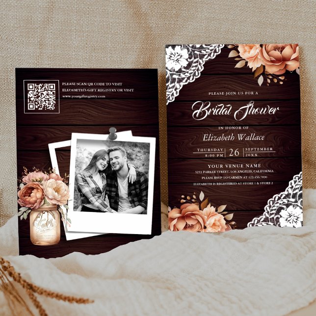 Terracotta Wood Floral Photo QR Code Bridal Shower Invitation (Creator Uploaded)