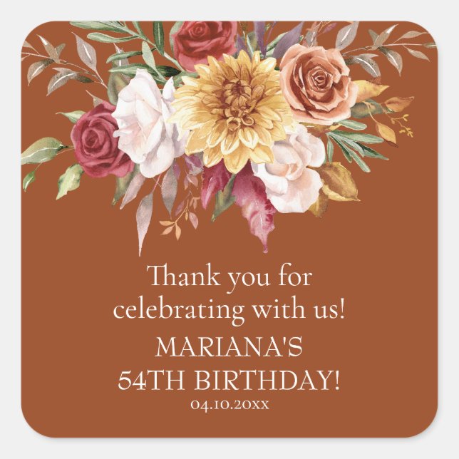 TerracottaFall Foliage Birthday Party Favour Square Sticker (Front)