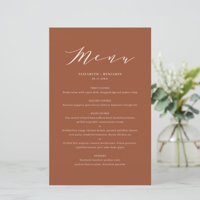 Terracottta Minimalist Script Wedding Menu Card (Standing Front)