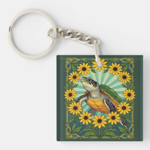 Terrapin And Black Eyed Susan Flowers Art Nouveau Keychain