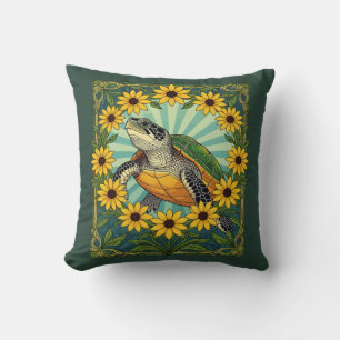 Terrapin And Black Eyed Susan Flowers Art Nouveau Throw Pillow