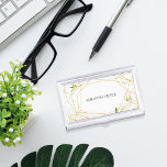 Terrarium | Geometric Botanical Personalized Business Card Holder<br><div class="desc">Elegant business card holder coordinates with our Terrarium collection,  featuring your name or company name framed by an intricate golden geometric border and tiny green watercolor leaves and foliage.</div>