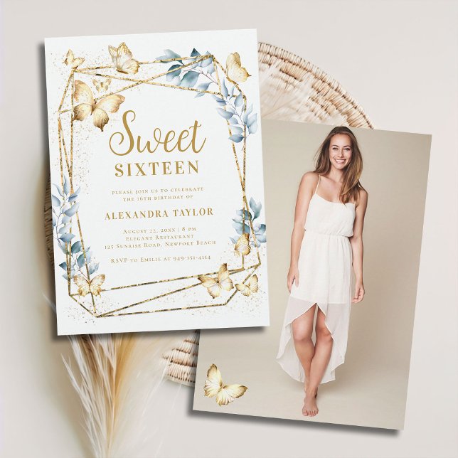 Terrarium Geometric Frame Butterfly Photo Sweet 16 Invitation (terrarium geometric frame border butterflies gold boho chic modern contemporary sweet 16 photo)