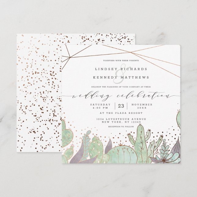 Terrarium Succulents Geometric Wedding Square Invitation (Front/Back)