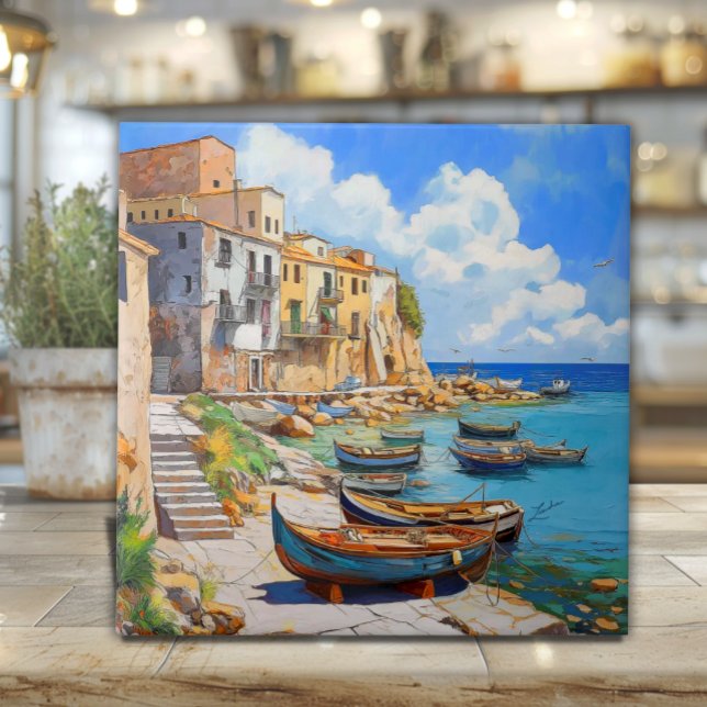 Terrasini Sicily Tile Art – Fishing Boats & Cliffs (Colorful ceramic tile art of Terrasini Sicily with fishing boats and cliffside village under blue sk)