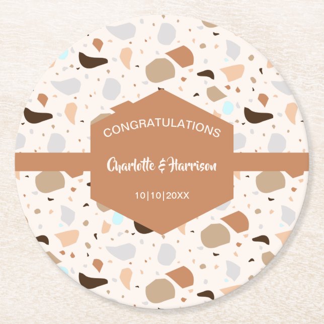 Terrazzo Abstract Earthy Modern Round Paper Coaster (Front)