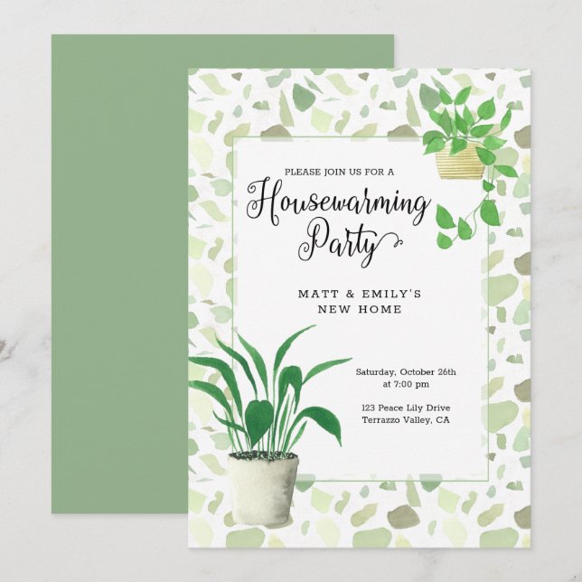 Terrazzo and Houseplants Green Housewarming Party Invitation (Front/Back)