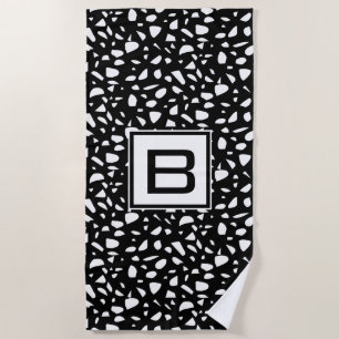 Terrazzo black white pattern monogram initial beach towel