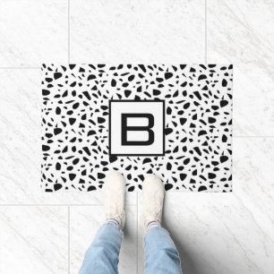 Terrazzo black white pattern monogram initial doormat