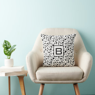 Terrazzo black white pattern monogram initial throw pillow