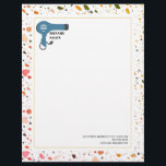 Terrazzo Blow Dryer Hair Salon Beauty Business Letterhead<br><div class="desc">Illustration of blue blow dryer with salon name and terrazzo border.</div>