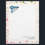 Terrazzo Blow Dryer Hair Salon Beauty Business Letterhead<br><div class="desc">Illustration of blue blow dryer with salon name and terrazzo border.</div>