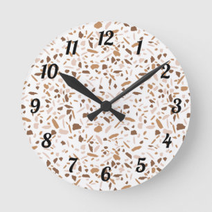 Terrazzo Brown and Beige and White Round Clock