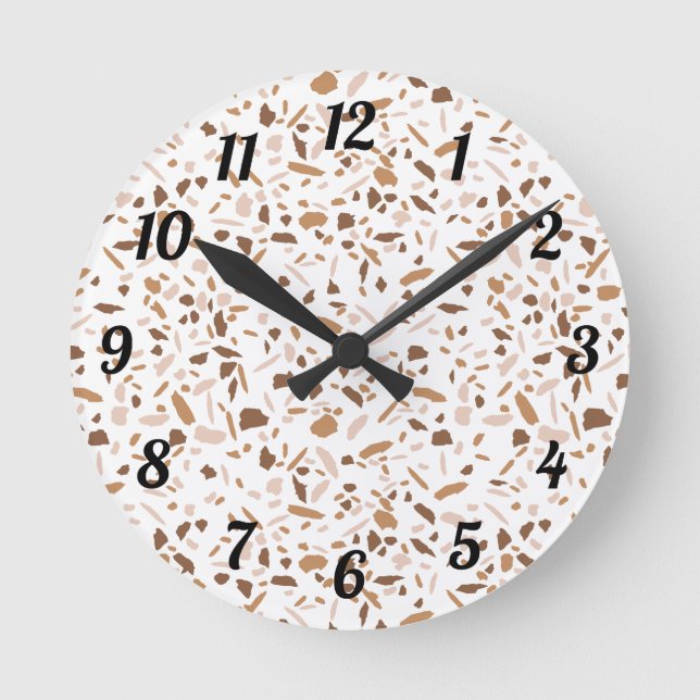 Terrazzo Brown and Beige and White Round Clock (Front)