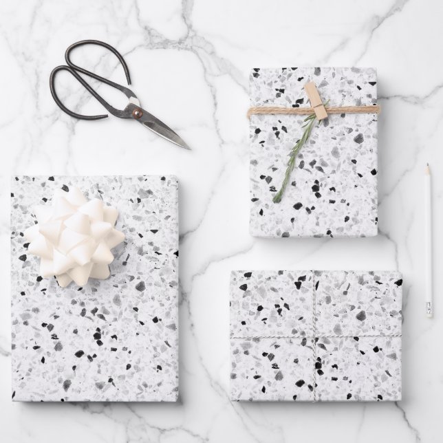 Terrazzo Elegant Black And White Grey Retro Wrapping Paper Sheet (Front)