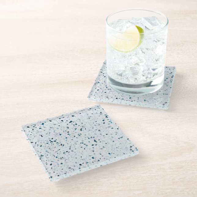 Terrazzo Elegant Teal Blue Green White Grey Retro Glass Coaster (Angled)