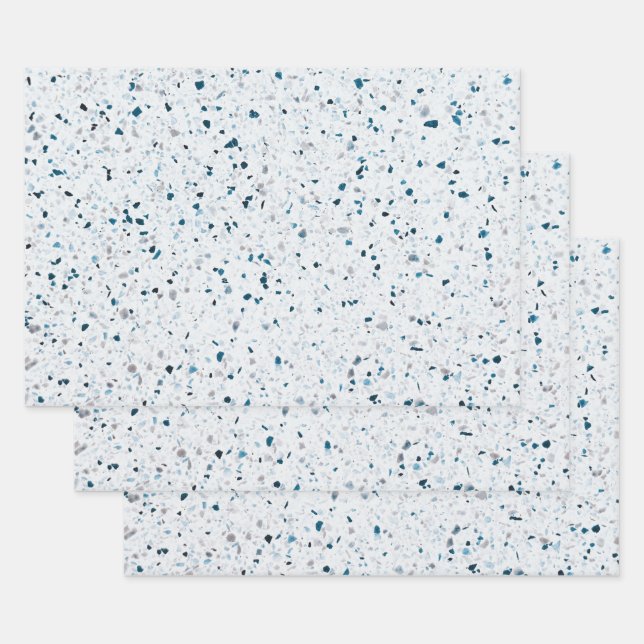 Terrazzo Elegant Teal Blue Green White Grey Retro Wrapping Paper Sheet (Set)