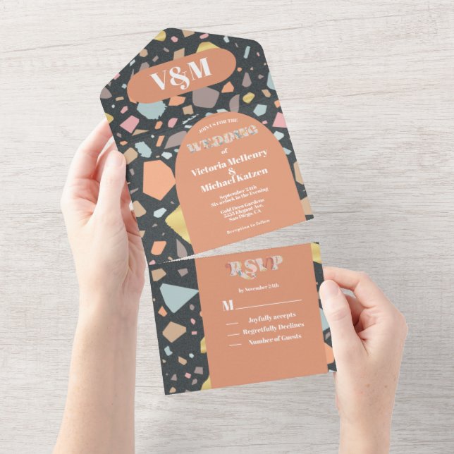 Terrazzo Modern Arch Wedding All In One Invitation (Tearaway)