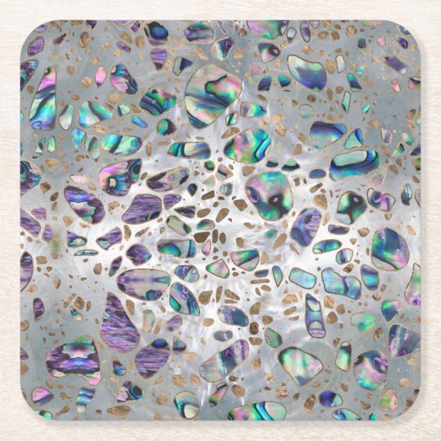 Terrazzo - Mosaic Abalone Pearl and Gold #3 Square Paper Coaster (Front)
