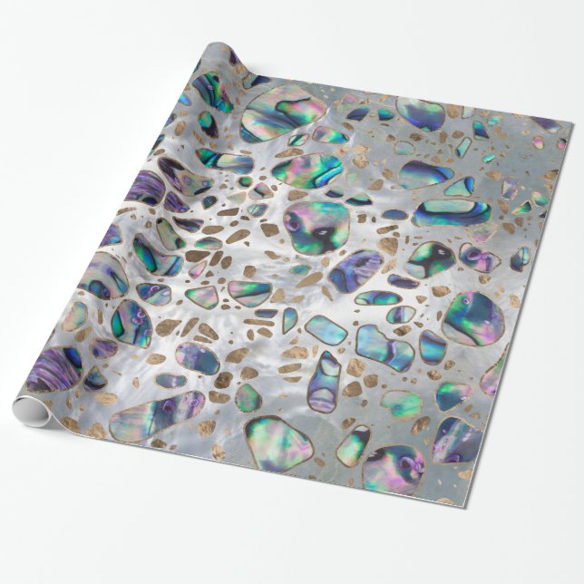 Terrazzo - Mosaic Abalone Pearl and Gold #3 Wrapping Paper (Unrolled)
