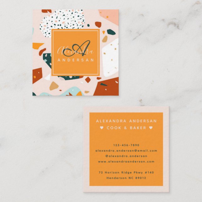 Terrazzo Orange Blush Modern Granite Pattern Name Square Business Card (Front/Back)