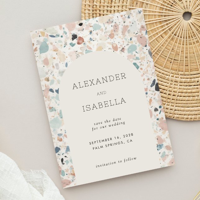 Terrazzo Pastel Colours Retro Arch Wedding Save The Date (Creator Uploaded)