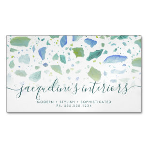 Terrazzo Pattern Modern Script Aqua Blue Green Magnetic Business Card