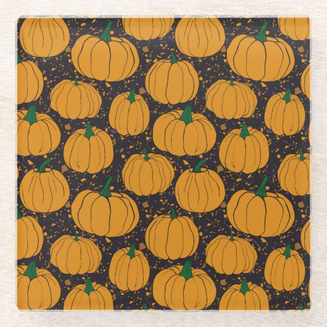 Terrazzo pumpkins, autumn vintage pattern. glass coaster (Front)