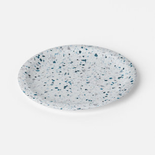 Terrazzo Retro Teal Blue Green White Grey Elegant Paper Plate