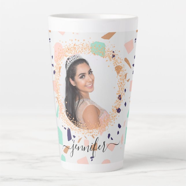 Terrazzo rose gold mint white photo name script latte mug (Front)